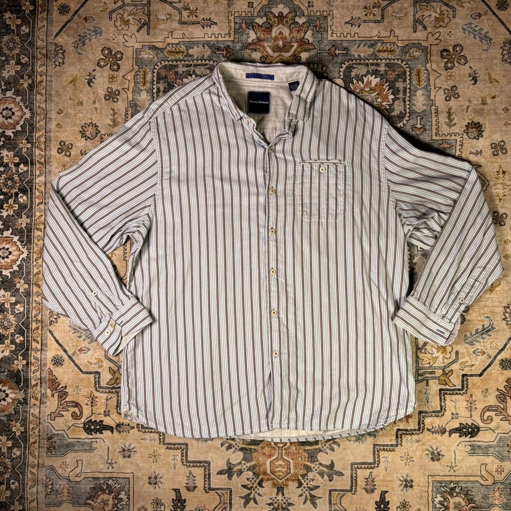Tommy Bahama Mens Silk Cotton Striped Long Sleeve Button Down Shirt Blue Size XL